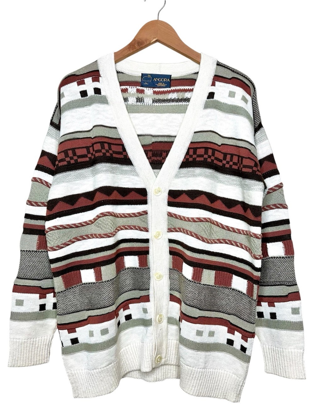 Agora Grandpa Cardigan Sweater Size Large Grannycore Button up 3D Knit Stripe